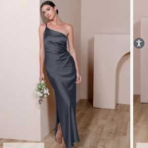 Revelry black satin one shoulder dress- bridesmaid, unhemmed